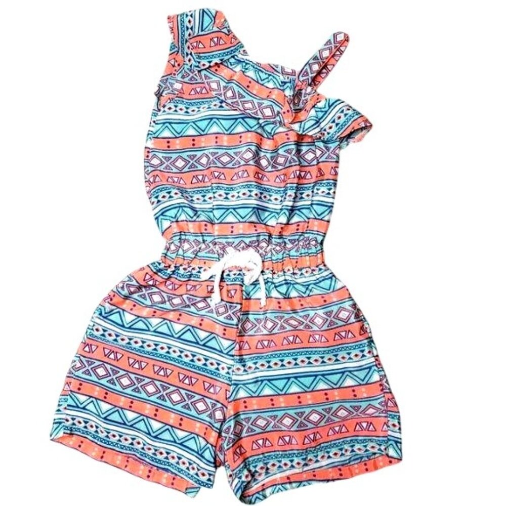 Girls 2T Tribal Print Romper With Bow & Elastic Waist one shoulder summer